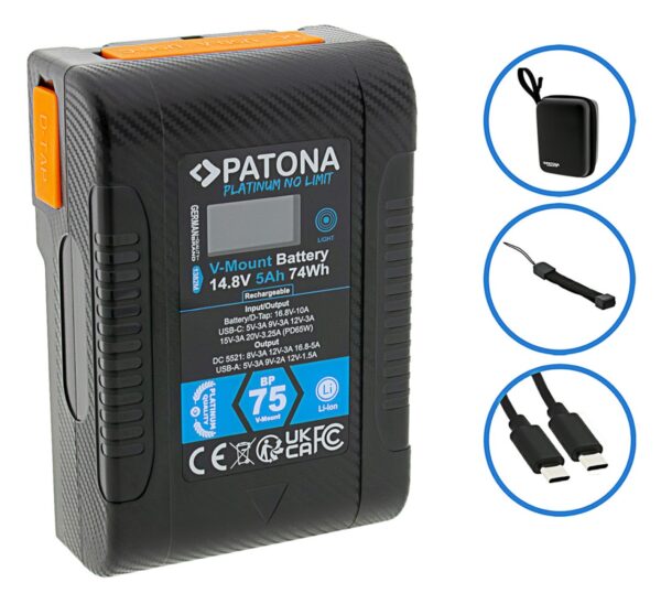 Platinum V-Mount battery BP-75W PD65 74Wh USB-C USB-A D-Tap DC-out incl. Hardcase